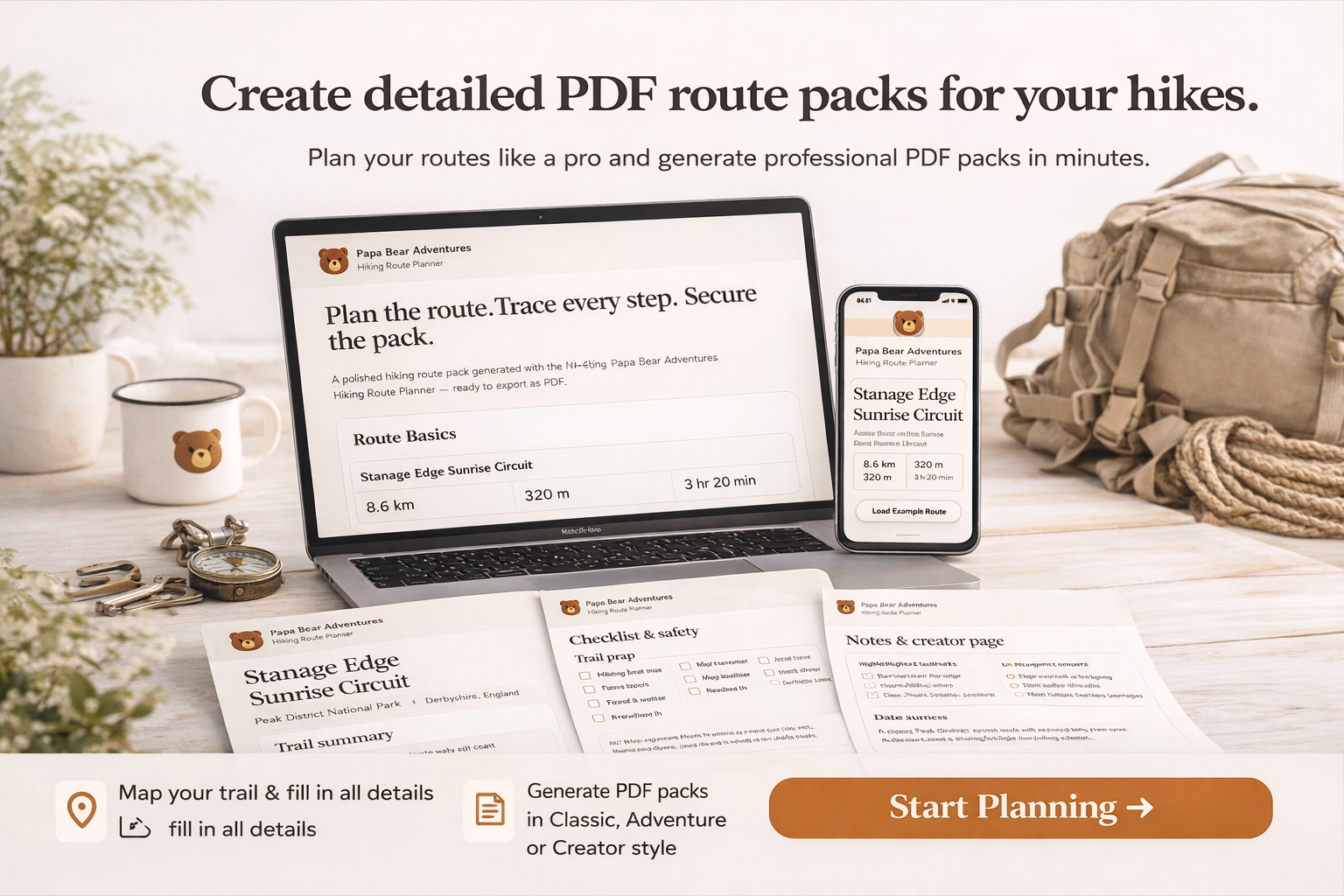 Try the Papa Bear Adventures Hiking Route Planner. Map your trail, organise key details and generate a professional PDF route pack for hiking, photography and outdoor adventures.